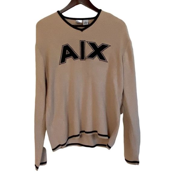 Vintage Armani Exchange V-Neck 100% Cotton Sweater LOGO Unisex Large Beige - Picture 1 of 3
